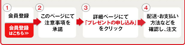 会員登録はこちら→このページにて注意事項を承諾→詳細ページにて「プレゼントのお申し込み」をクリック→配送・お支払い方法などを確認し、注文