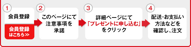 会員登録はこちら→このページにて注意事項を承諾→詳細ページにて「プレゼントに申し込む」をクリック→配送・お支払い方法などを確認し、注文